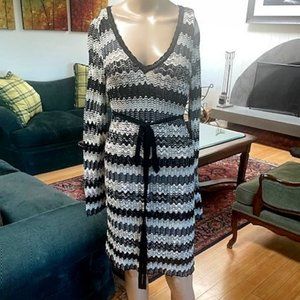 Missoni black, white and silver metallic chevron knit dress size 40